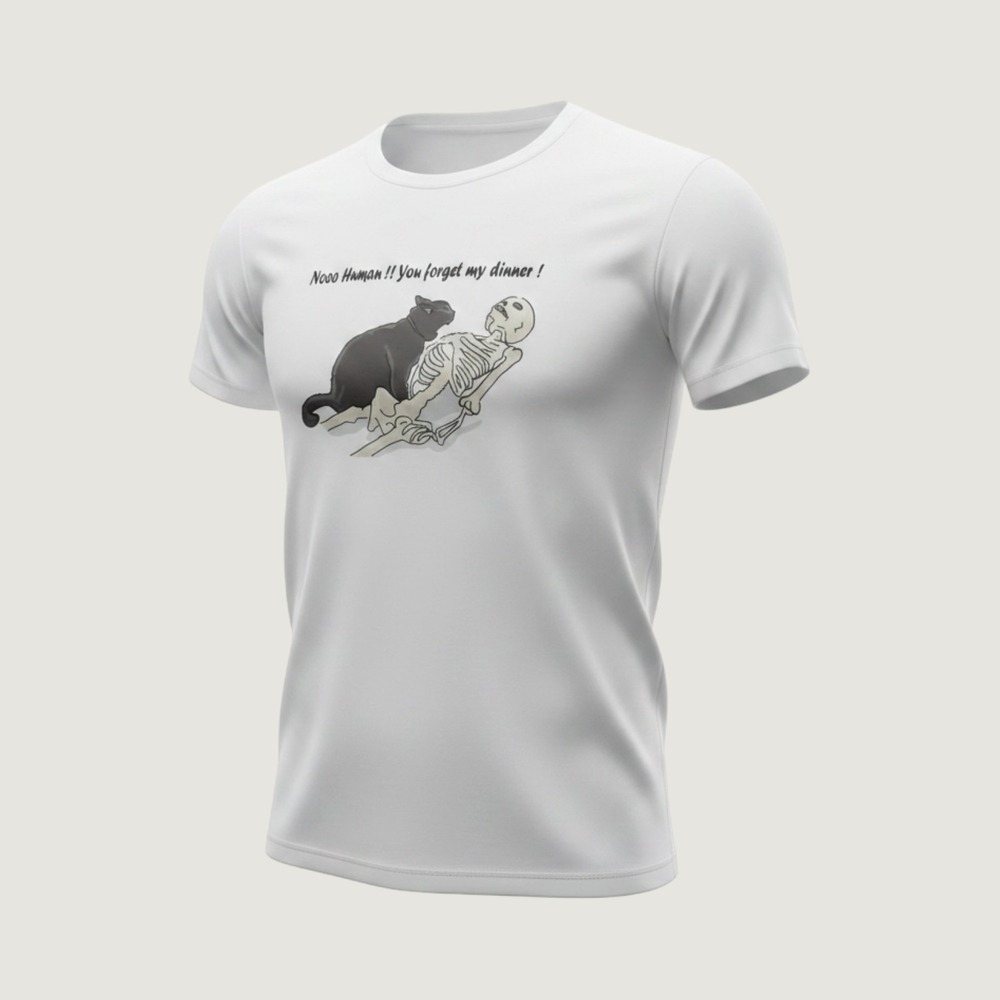 Funny Black Cat Skeleton Graphic T-Shirt White Crew Neck Short Sleeve Tee